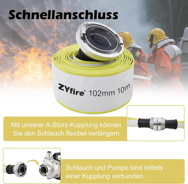 ZYfire Feuerwehrschlauch 102mm(4 Zoll) x 10m Schlauch mit A-Storz Kupplung 10m 4" | A-102mm, 10m 4"