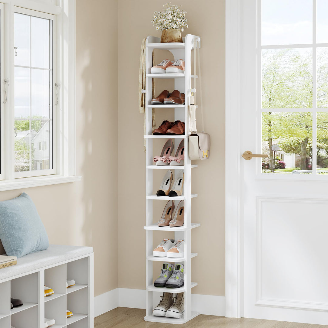 Hzuaneri Schuhregal, Schmales Schuhablage mit 10 Ebenen, Holz-Schuh-Organizer mit Haken, Verstellbar
