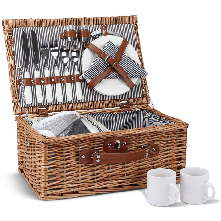 2 Personen Wicker Picknickkorb Set mit isoliertem Kühler, Picknickkorb mit Bechern, Besteck, Weinglä