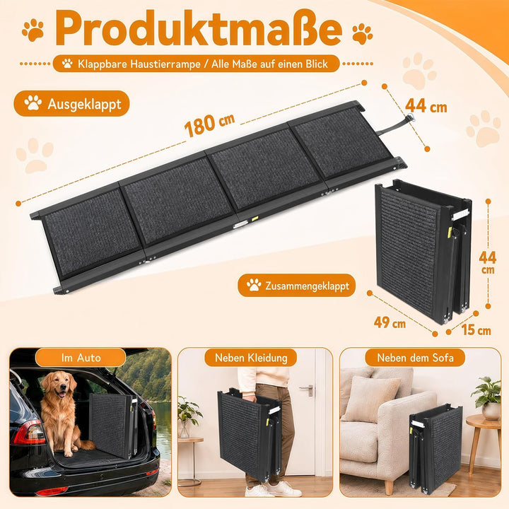 180cm Pro Hunderampe Auto klappbar, Rutschfester Teppich bis 100kg