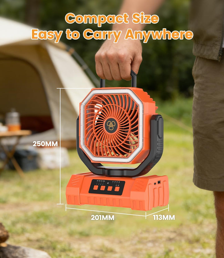 Camping Ventilator, 20000mAh Tragbarer Ventilator Akku mit LED Licht &amp; Fernbedienung, Haken, USB Ven