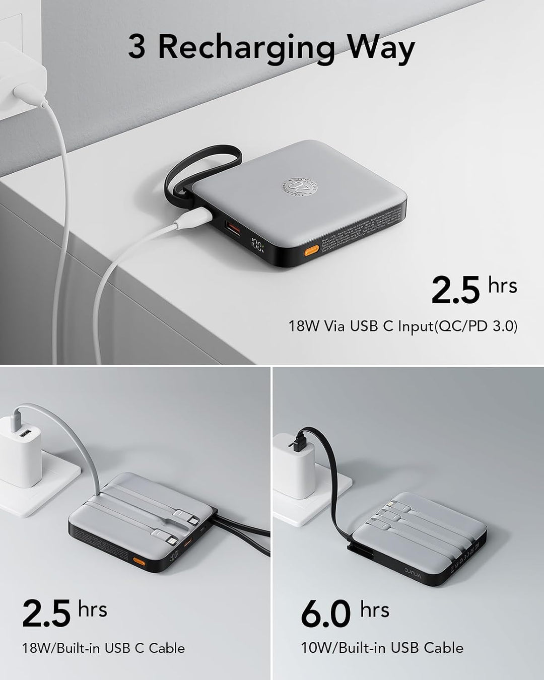 VRURC Powerbank 20000mAh mit Kabel Klein Power Bank USB C Schnelles Aufladen Tragbares Ladegerät Ext