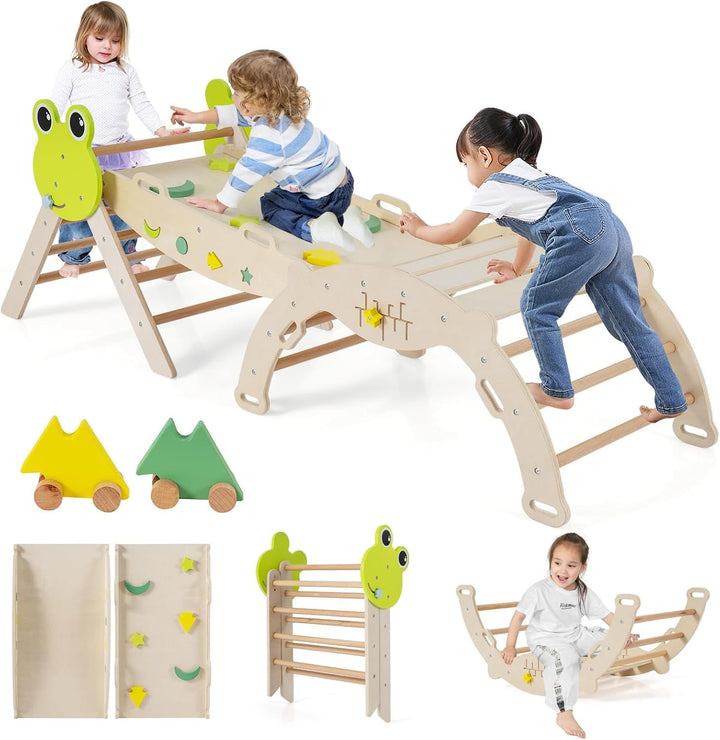 FANTASK 7 in 1 Klettergerüst Indoor, Kletterdreieck 3er Set mit Rutsche, Kletterbogen, inkl. doppels