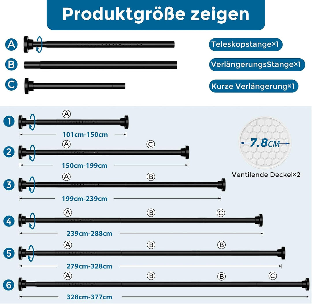 AIZESI 1 Stück Gardinenstange ohne Bohren 105-375cm Teleskopstange Vorhang Verstellbare Gardinenstan