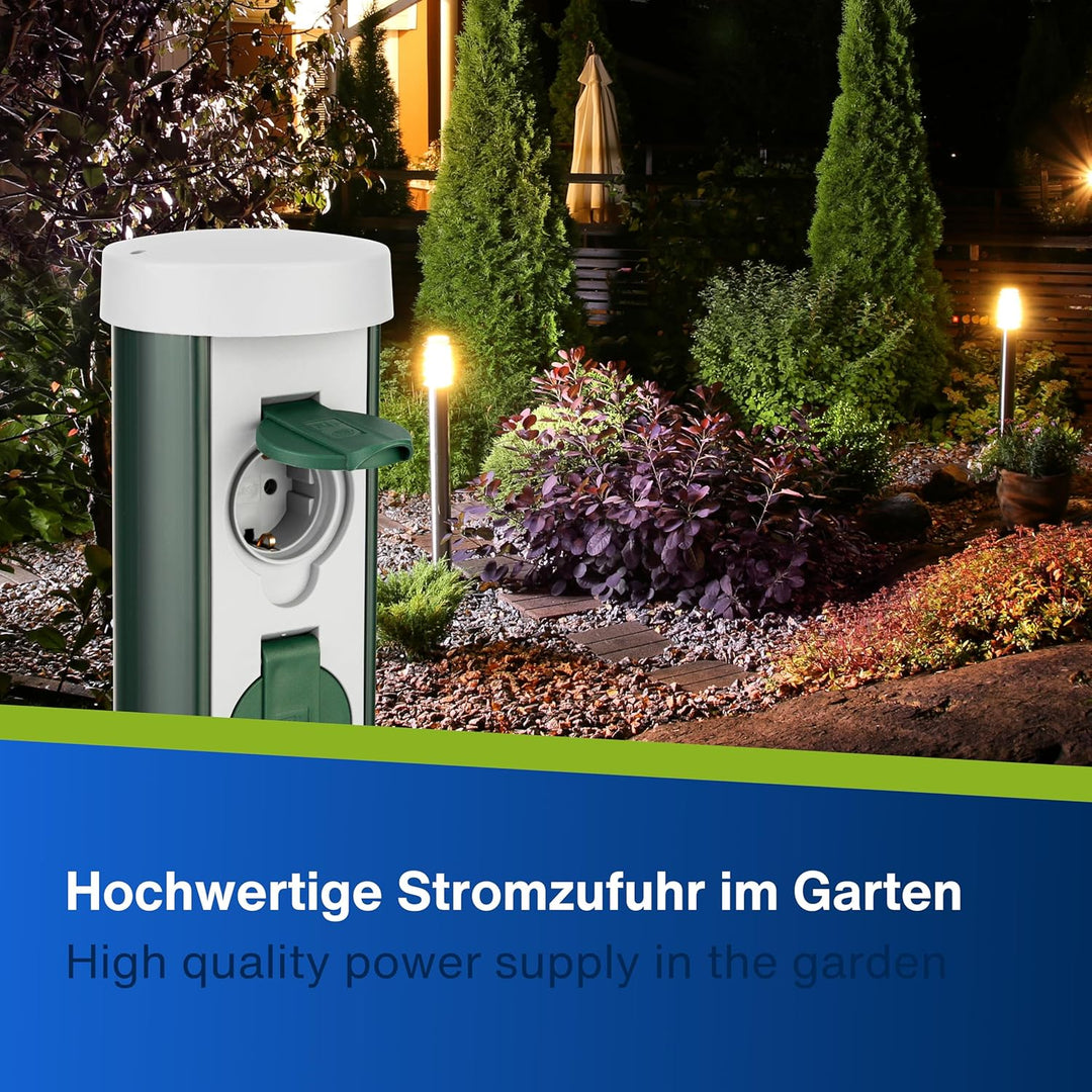 REV 0068200021 GreenCraft, Garten Steckdosen, H37cm, Kabel 2m, 2fach, IP44, 3500W, grün, 37,5 x 18,1
