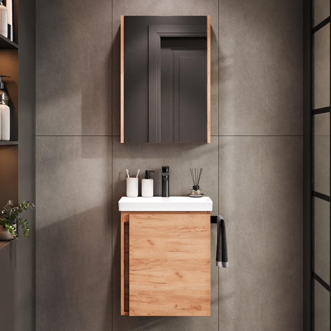 Planetmöbel Waschtisch + Spiegelschrank Badmöbel Set 50cm für Badezimmer WC (Gold Eiche), Gold Eiche