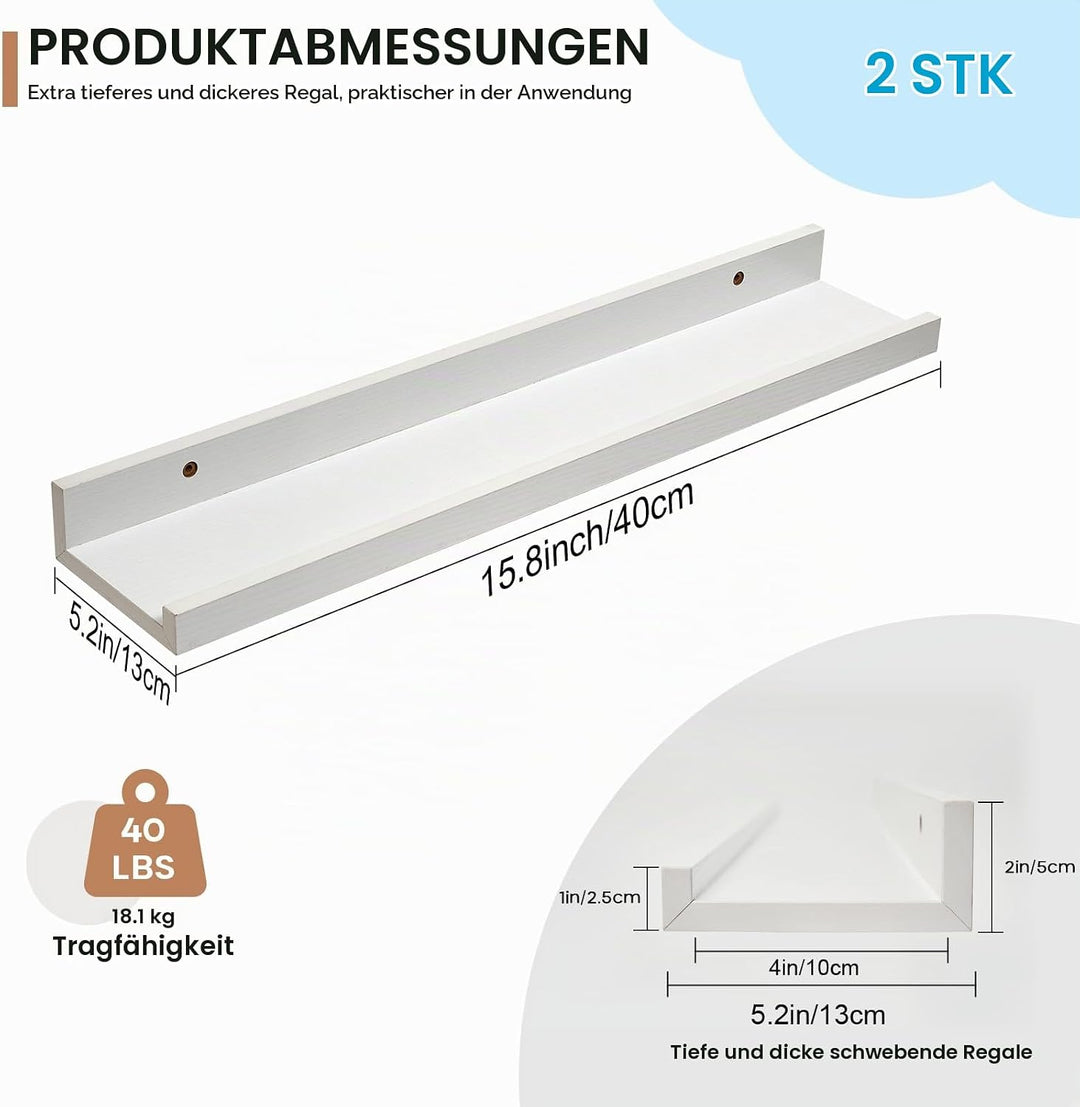 Wandregal Weiss, 40cm 2er-Set Rustikales Wandbilderregal mit Lippe Weiss 40CM(2P), Weiss 40CM(2P)