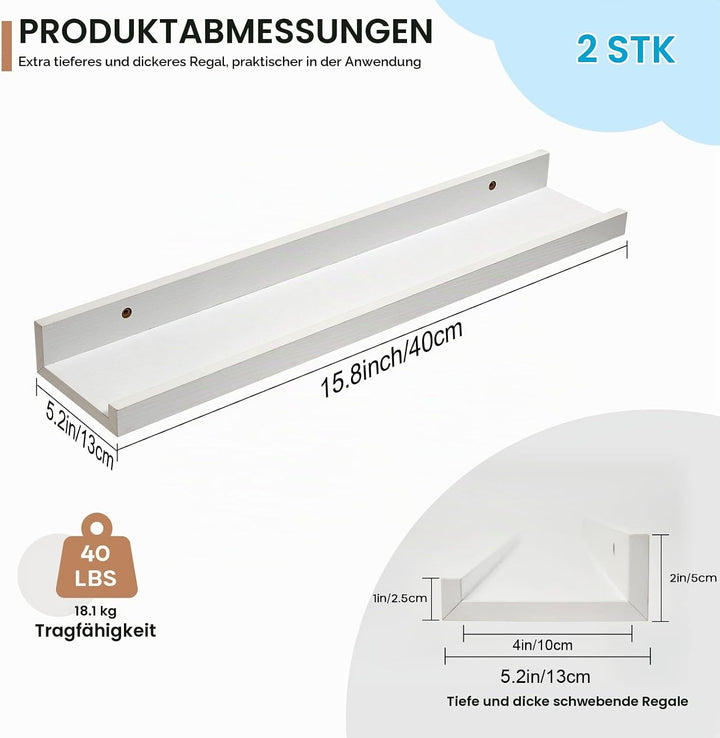 Wandregal Weiss, 40cm 2er-Set Rustikales Wandbilderregal mit Lippe Weiss 40CM(2P), Weiss 40CM(2P)