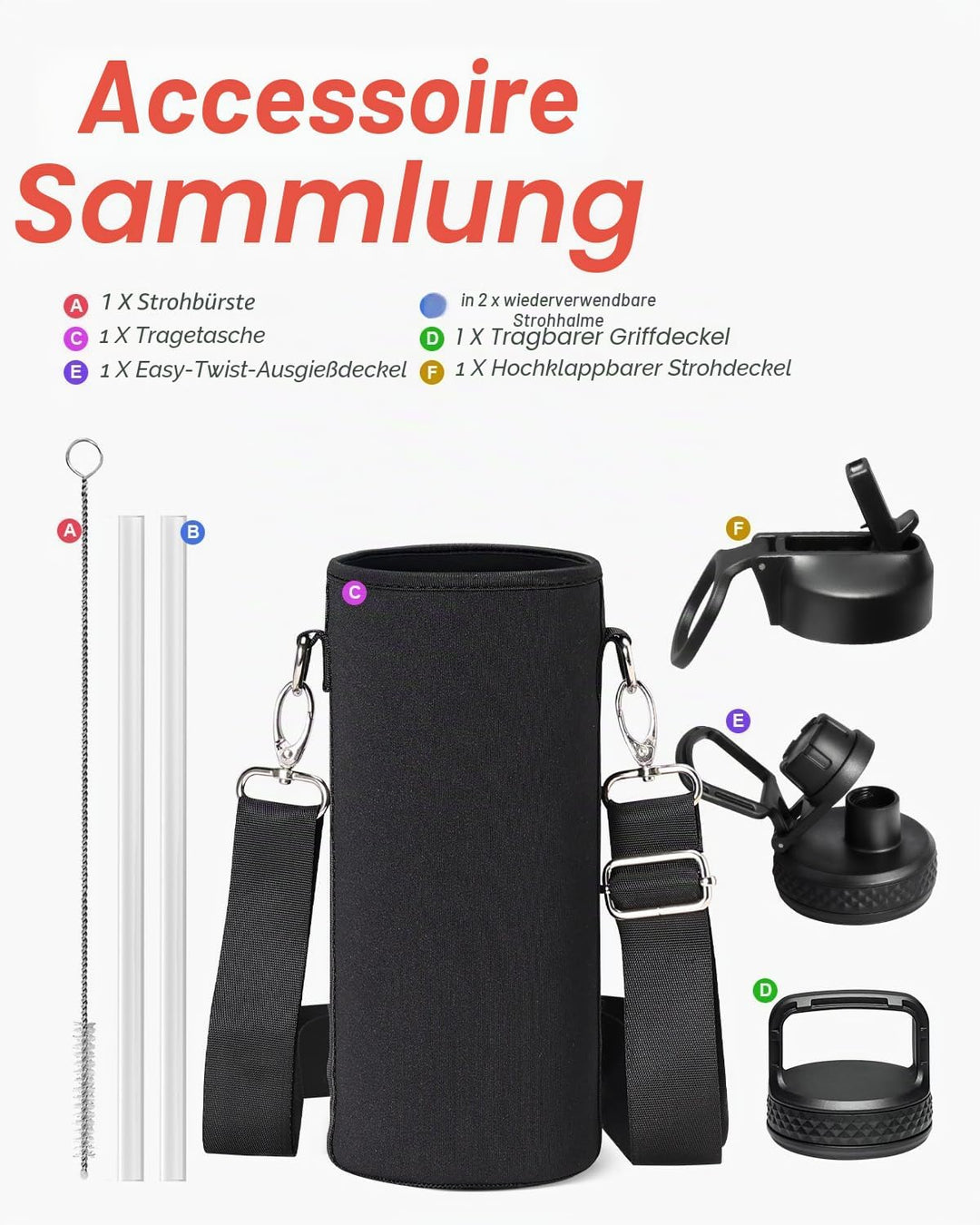 Wasserflasche 40 oz (1,2 l) isoliert mit Strohhalm &amp; Bürste, Coolflask Vakuum Edelstahl Metall 3 Dec