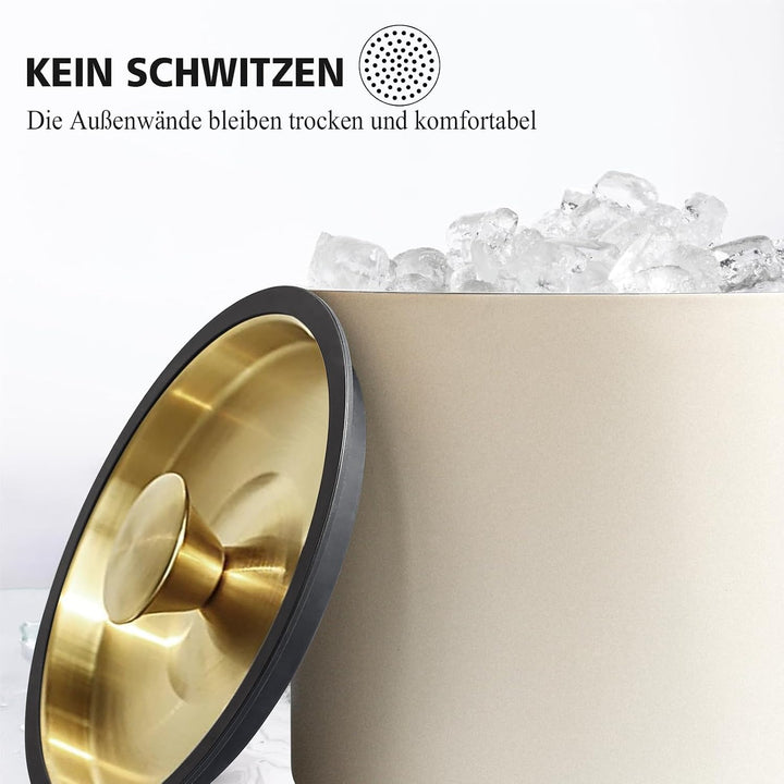 3.2L Moderner isolierter Eiskübel mit Silikondeckel, Tong, Sieb, doppelwandiger Eiskübel aus Edelsta