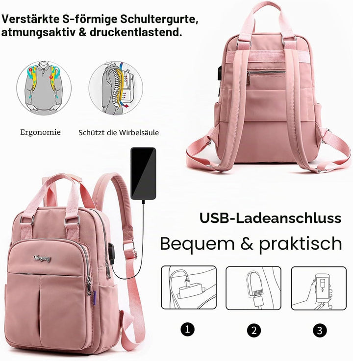 FANDARE Damen Rucksäcke Laptop Handtasche Schulrucksack Schultasche Mädchen Schulranzen mit USB Reis