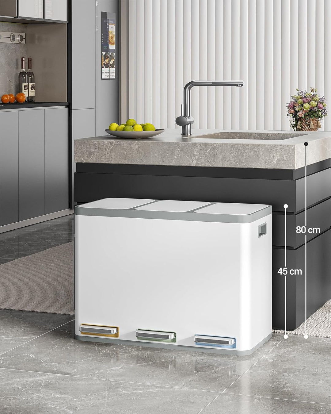 Hzuaneri Mülleimer Küche, Mülltrennsystem 3 Fächer 45L (3 x 15 L), Edelstahl-küchenmülleimer, Tretmü