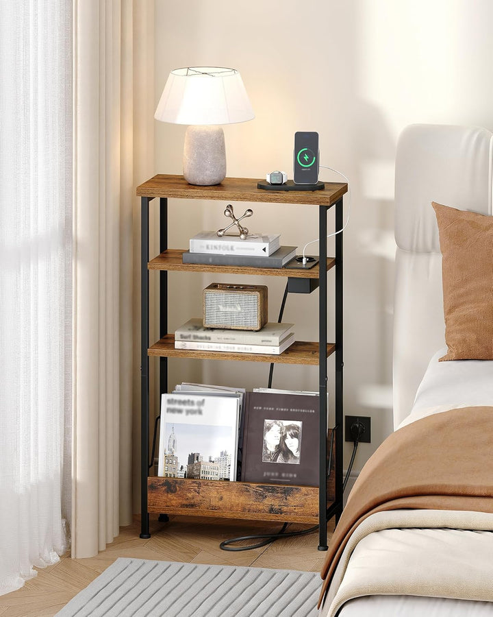Hzuaneri Beistelltisch Schmal, 4-Stufiger Beistelltisch Couch mit Zeitschriftenhalter und Ladesteckd