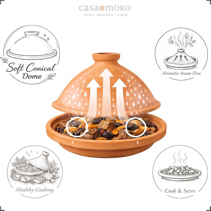 Marokkanische Tajine, Schmortopf aus Ton Ø 30cm Kochen für 3-4 Personen | Tagine unglasierter Gartop