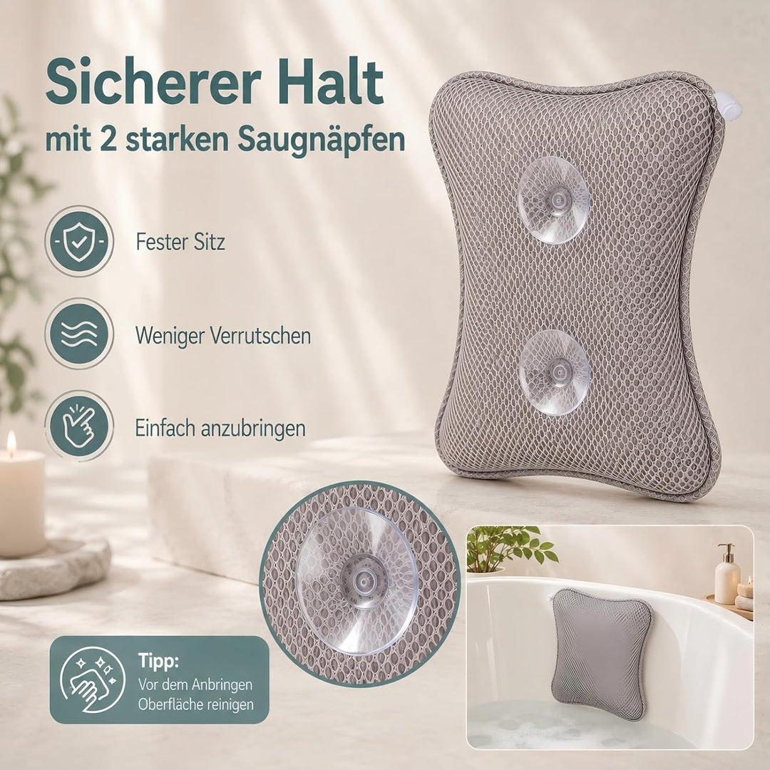 Badewannenkissen mit Saugnäpfen, Waschbares &amp; Schnelltrocknend Grau, Grau