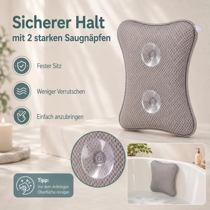 Badewannenkissen mit Saugnäpfen, Waschbares &amp; Schnelltrocknend Grau, Grau
