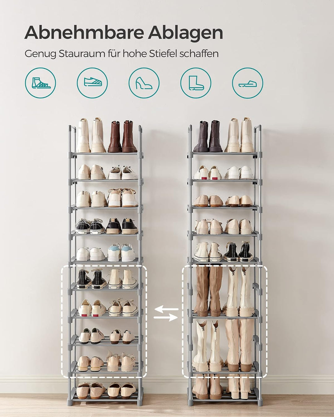SONGMICS Schuhregal mit 10 Ebenen, offener Schuhschrank hoch, Schuhständer schmal, Schuhaufbewahrung