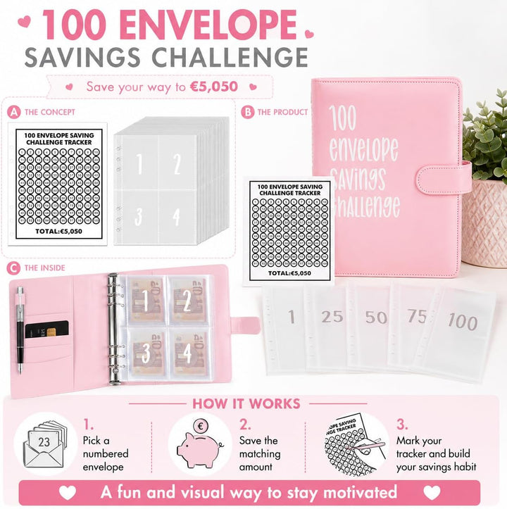 100 Envelope Saving Challenge, Geldsparbinder Budget Planner Sparbuch für Geld Challenge 100 Umschlä