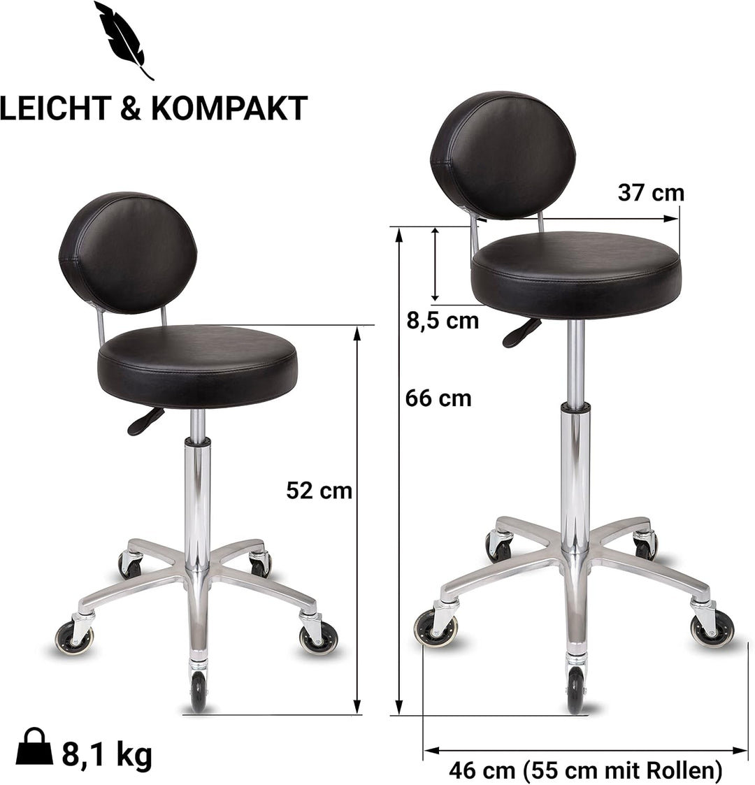Staboos Rollhocker bis 160 kg - Premium Sitz rund mit Lehne - Praxishocker (Premium Rollen) Drehhock