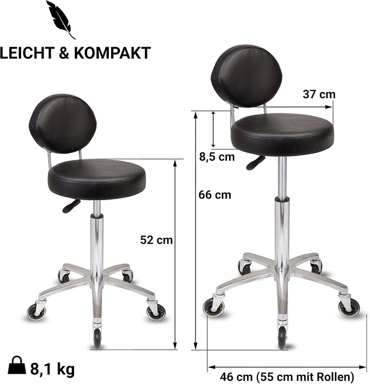 Staboos Rollhocker bis 160 kg - Premium Sitz rund mit Lehne - Praxishocker (Premium Rollen) Drehhock