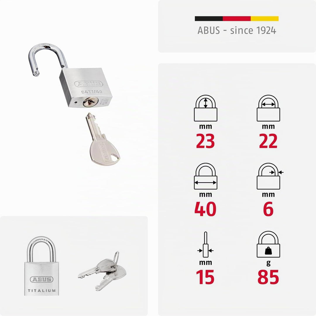 ABUS Vorhängeschloss Titalium 64TI/40 - Kellerschloss mit Schlosskörper aus Spezial-Aluminium - gehä