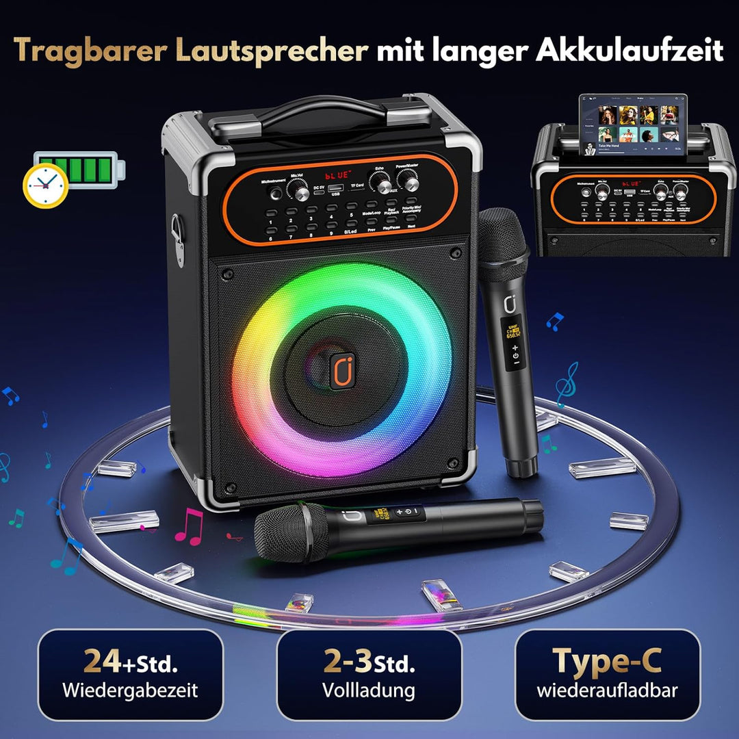 Karaoke Maschine mit 2 Mikrofonen, Tragbarer Kabelloser Lautsprecher Party Musik Box mit LED-Leuchte