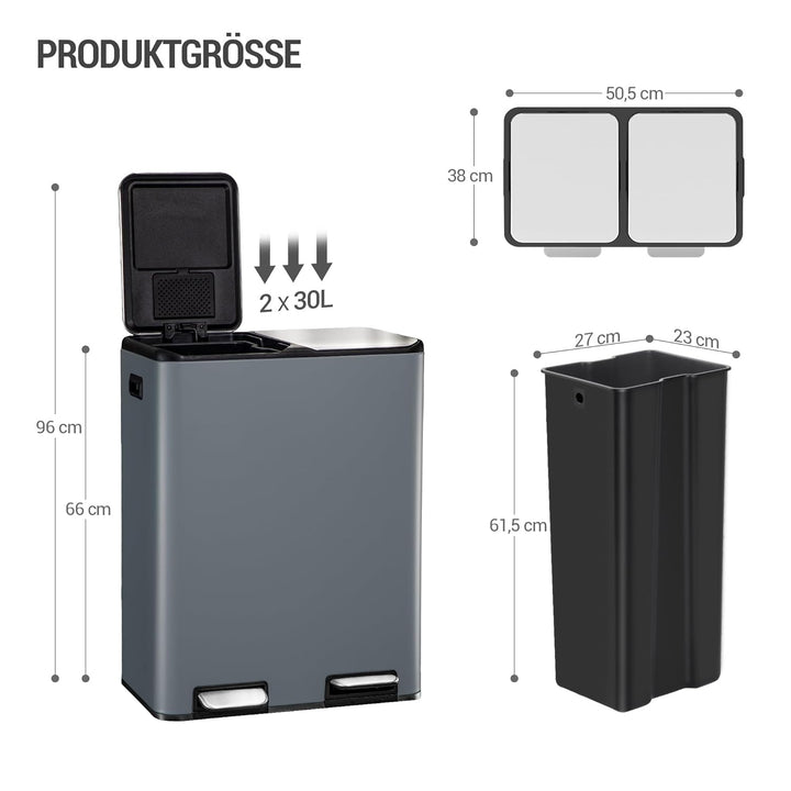 Hzuaneri Mülleimer Küche, 2 x 30 L, Mülltrennsystem 2 Fächer 60 L, Edelstahl-küchenmülleimer, Tretmü