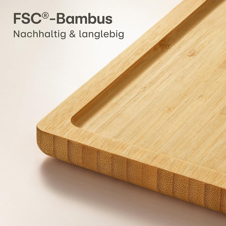 Schneidebrett aus Holz Gross XXL - Mit Saftrille - Beidseitig benutzbar - Holzbrett aus Bambus - Mas