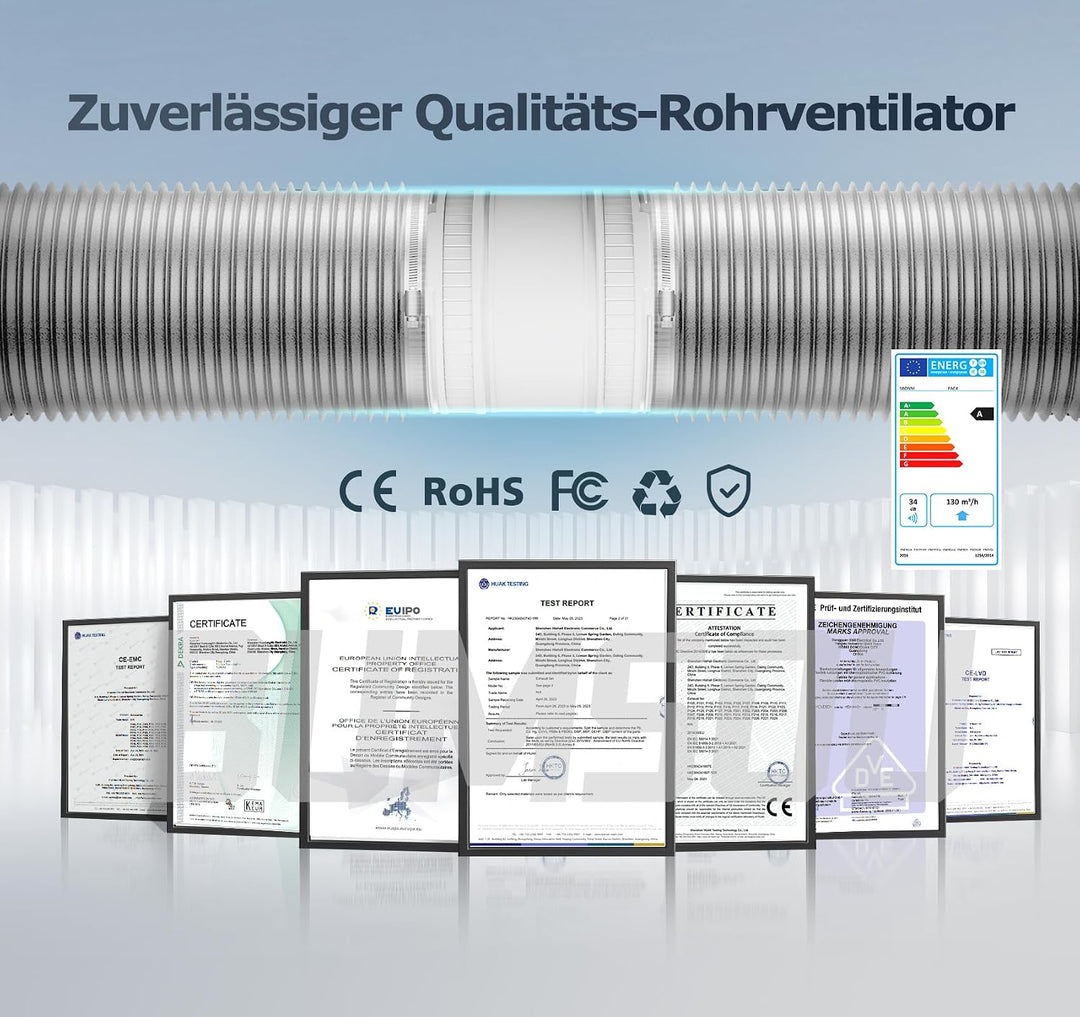 Rohrventilator 100 mm Regelbare Geschwindigkeit, 145m³/h Rauchabzug Ventilator, Rohrlüfter Leise mit