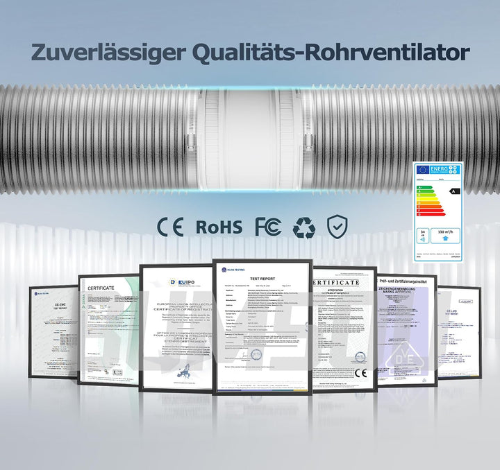 Rohrventilator 100 mm Regelbare Geschwindigkeit, 145m³/h Rauchabzug Ventilator, Rohrlüfter Leise mit