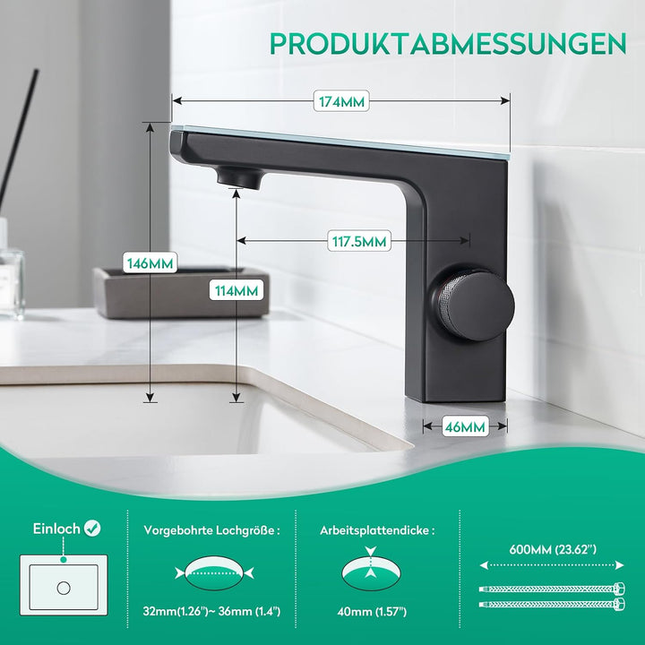 CREA Infrarot Sensor Wasserhahn Bad, mit Temperaturanzeige, Schwarz