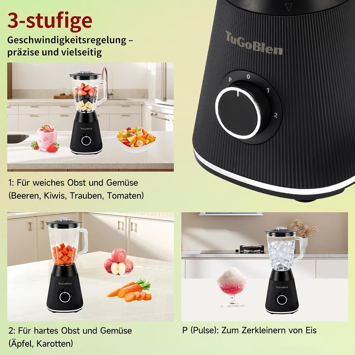 Standmixer mit 1,5L-Glasbehälter und 200ml-Glasmahlbecher, multifunktionaler Küchenmixer für Smoothi