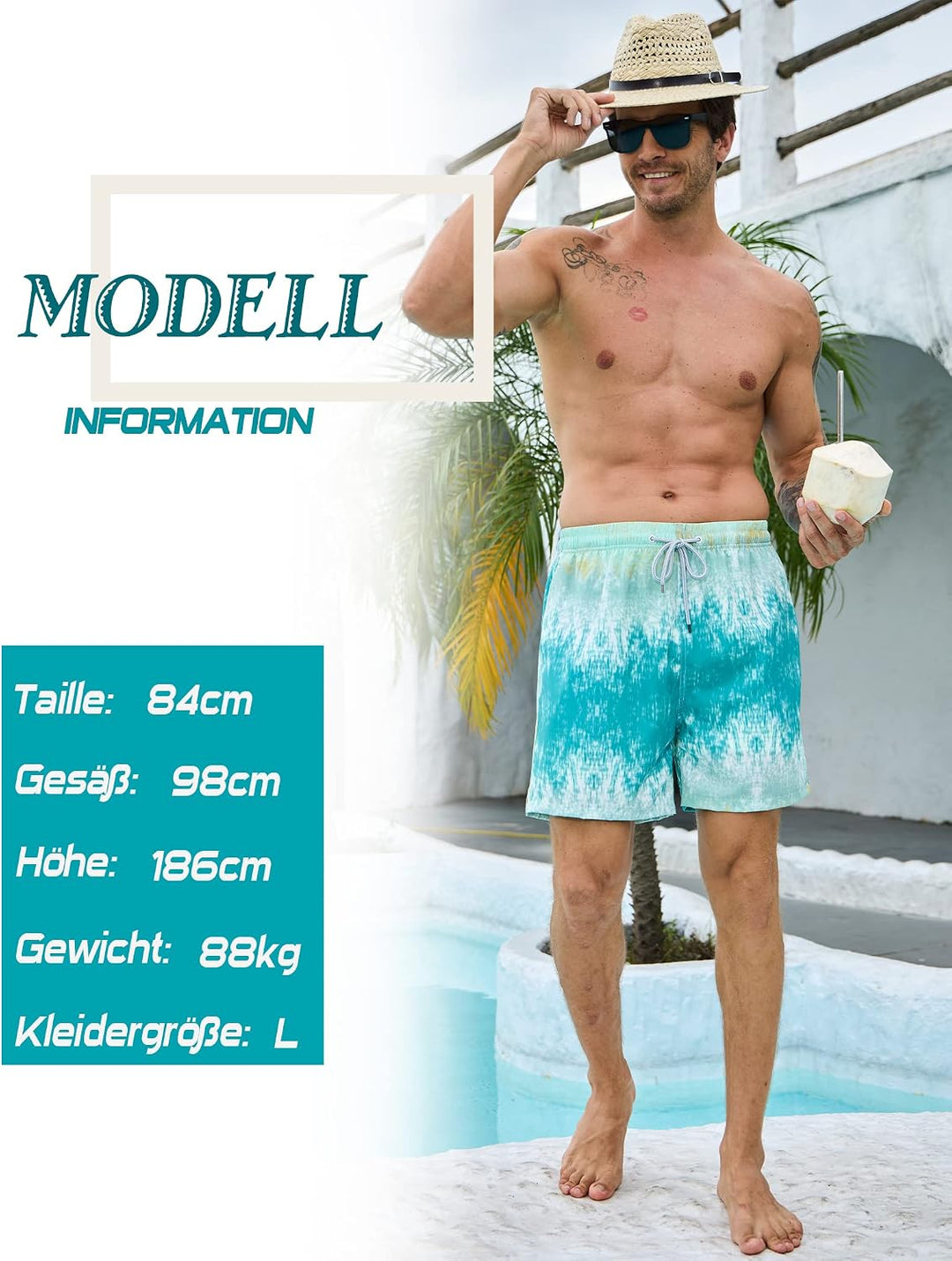 KBVOT Badehose Herren mit Kompression Liner Schnelltrocknend Badeshorts Männer Kurz Boardshorts Schw