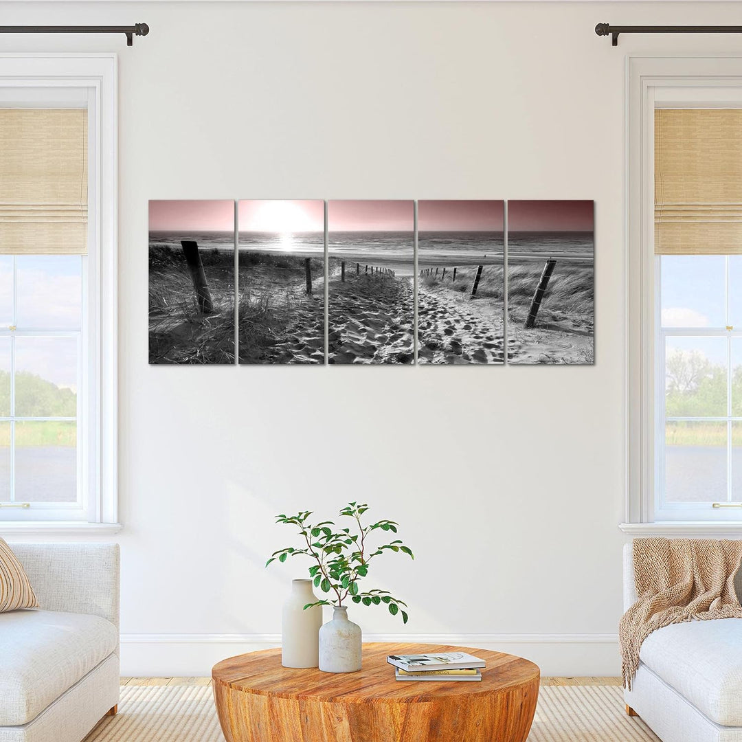 Runa Art Wandbild XXL Strand Sonnenuntergang Schlafzimmer Wohnzimmer 200 x 80 cm Grau Rosa 5 Teilig