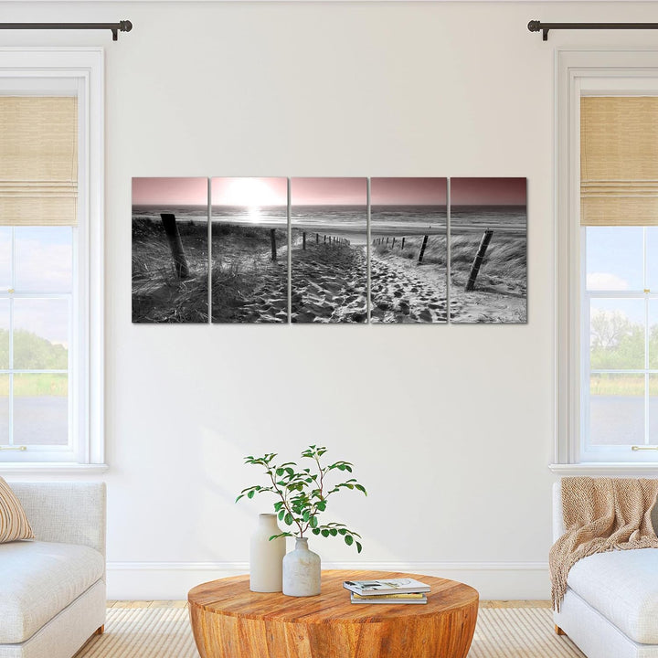 Runa Art Wandbild XXL Strand Sonnenuntergang Schlafzimmer Wohnzimmer 200 x 80 cm Grau Rosa 5 Teilig