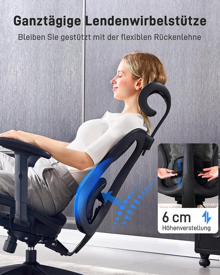 LukkDys Ergonomischer Bürostuhl mit Kopfstütze, klappbaren Armlehnen, atmungsaktiver Netz-Rückenlehn
