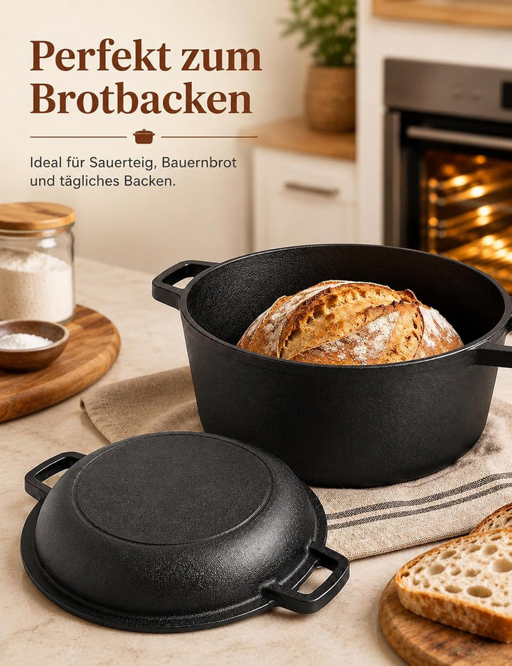 Gusseisen Topf zum Brotbacken, 26 cm, Rund 4,7 L, mit Pfannendeckel