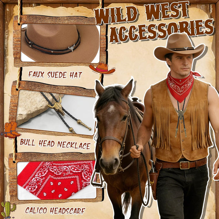 7 Stück Cowboy Kostümzubehör Set für Herren, Western Cowboy Kleidung mit Hut Quastenweste Paisley Ba