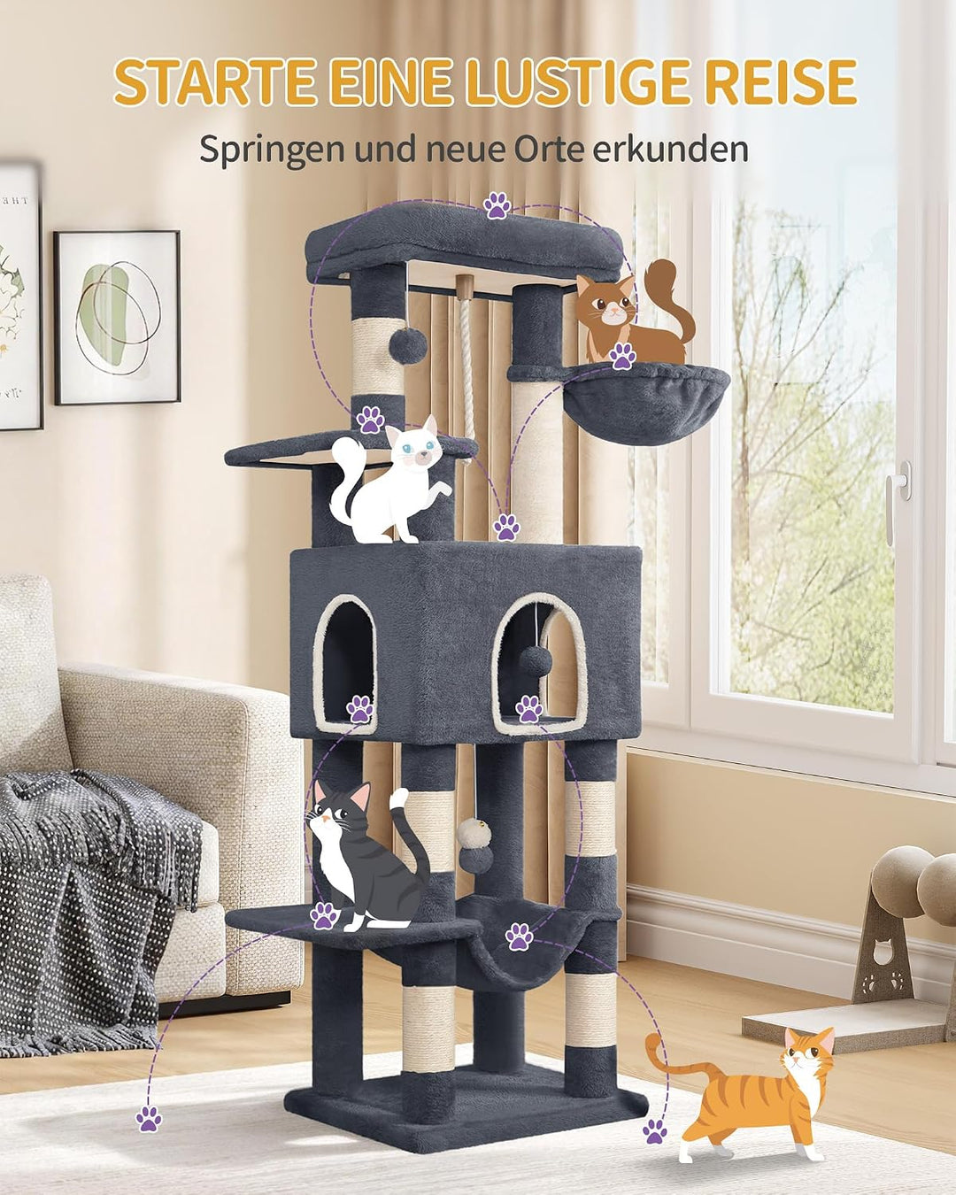 Hzuaneri Kratzbaum, 162 cm Katzenbaum, mit 5 Kratzsäulen, Dunkelgrau Dunkelgrau 50 x 40 x 162 cm, Du