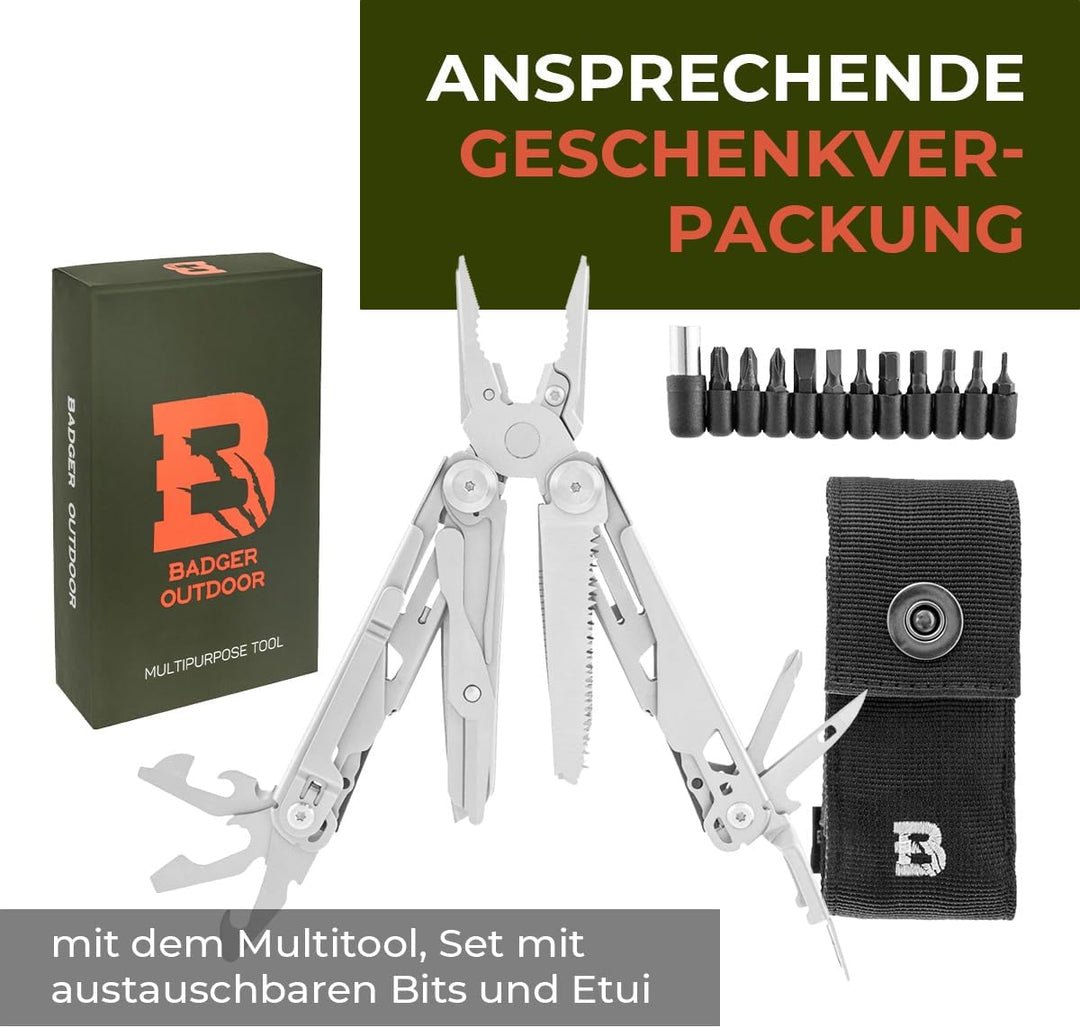 Badger Outdoor Solid Multitool 16in1, Edelstahl Taschenmesser Set Silber, Silber