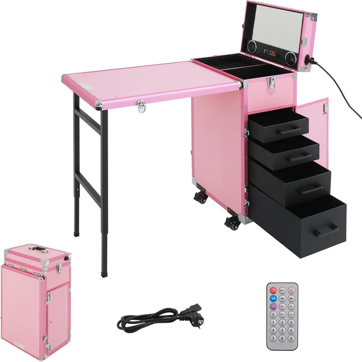 Nageltisch Maniküretisch, Faltbar Mobile Rolling Maniküre Tisch mit Fernbedienung und Make-up-Zug Ko