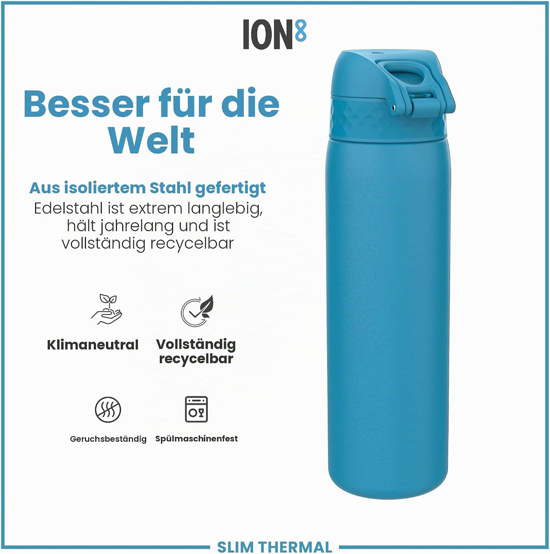 ION8 Vakuumisolierte Edelstahl-Trinkflasche, 500 ml, Auslaufsicher, Einhandöffnung, Sichere Verriege