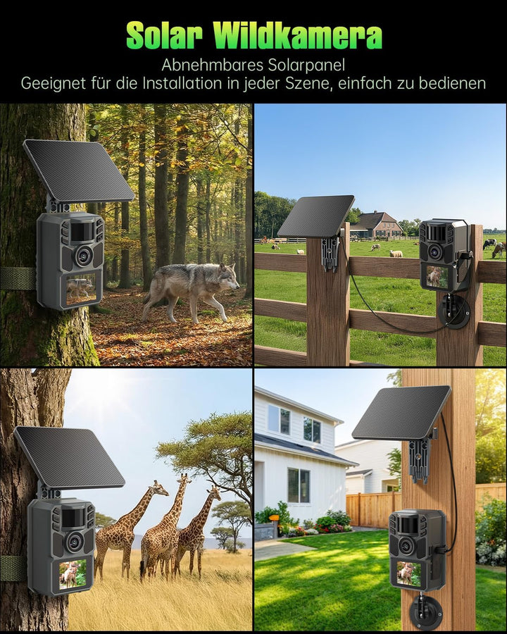 Wildkamera Solar 4K 64MP, Eingebaute 5000mAh Lithium-Batterie, 0.2s Auslöser Bewegungsaktiviert, Wil