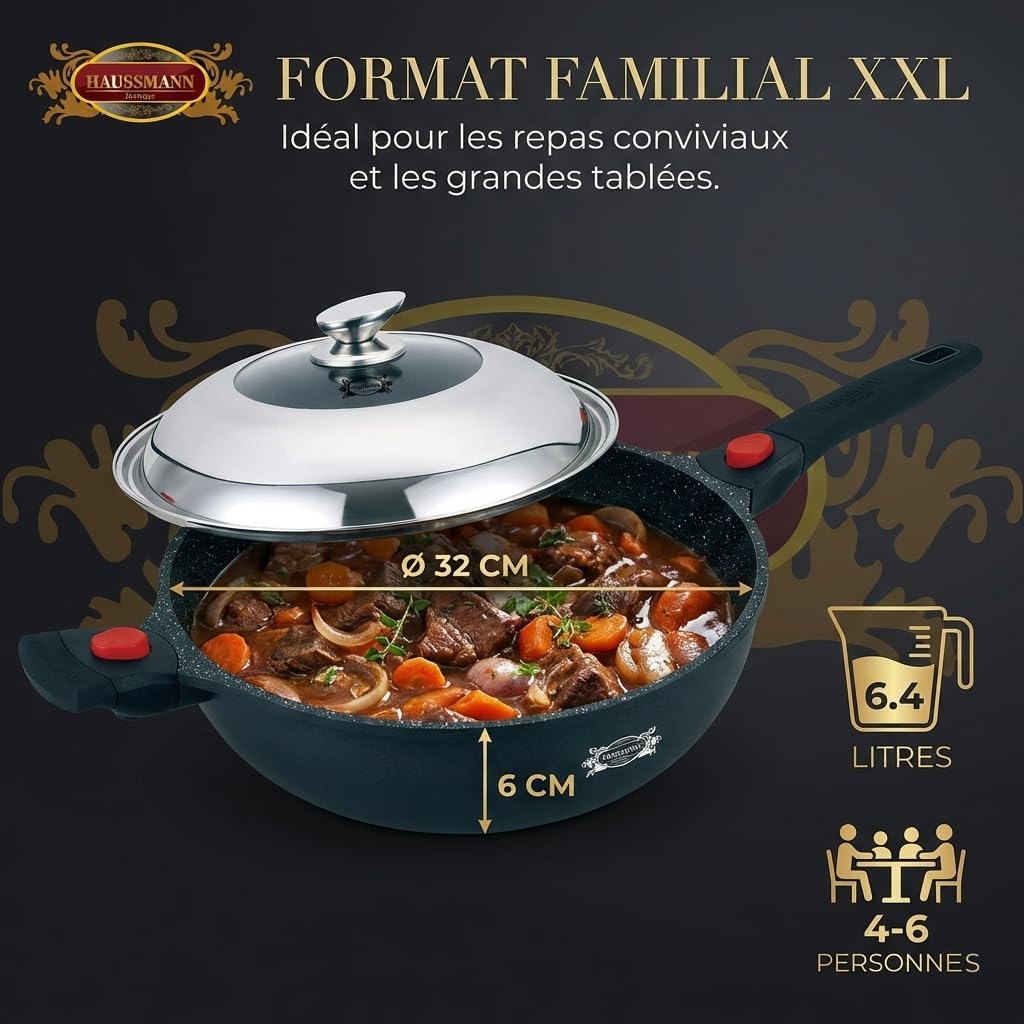 HAUSSMANN heritage – Wok/Sautépfanne 32cm,6,4 L mit Deckel– 5‑schichtige Antihaftbeschichtung (ohne