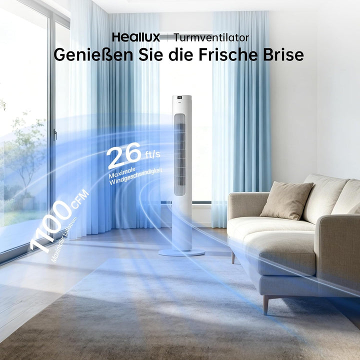 HEALLUX Turmventilator 115cm, 50W Leiser Turmventilator mit 9-Stunden-Timer, 90° Oszillation, Starke