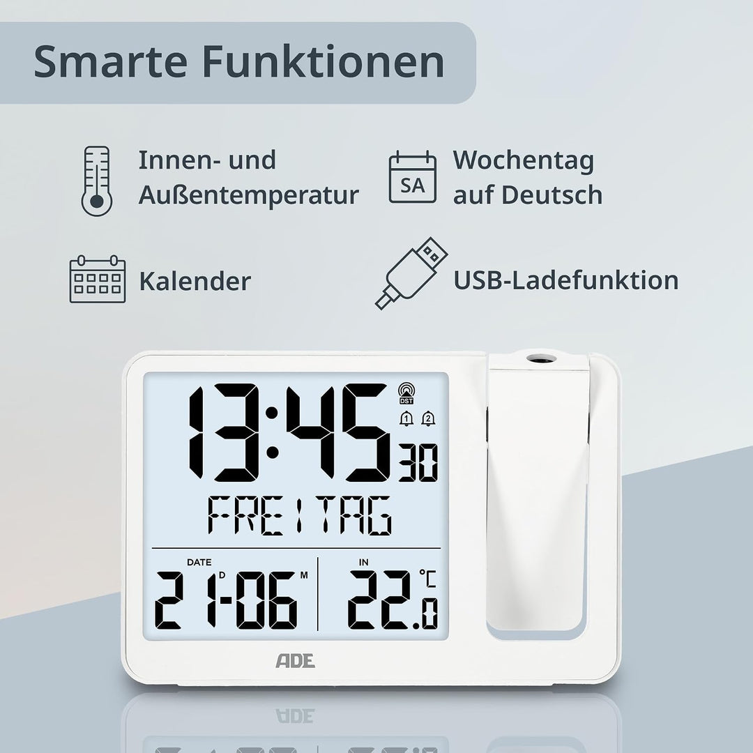 ADE Digitaler Funkwecker mit Projektion und Aussensensor | Projektionswecker mit 2 Weckzeiten | Uhr