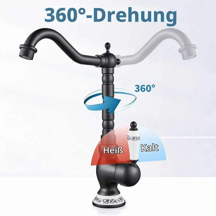 AIMOYO Wasserhahn Bad Schwarz, Hoch Waschtischarmatur Retro mit 360° Drehbarer Auslauf, Einhebelmisc