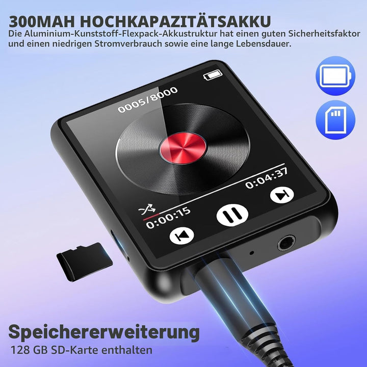 128GB MP3 Player mit Bluetooth, tragbarer digitaler Musikplayer mit Lautsprecher, 2.4" Full Touch Sc