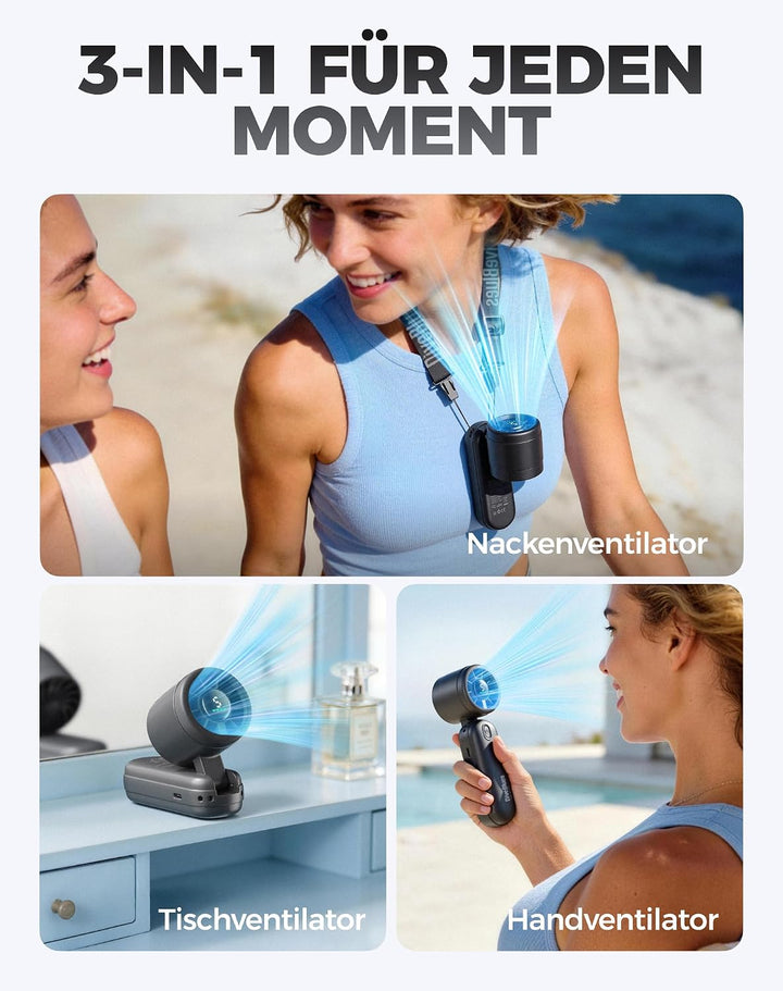 Diveblues 3-in-1 Handventilator Turbo Ventilator mit 4000mAh USB-Akku Aufladbar, 5 Stufen, Faltbar T