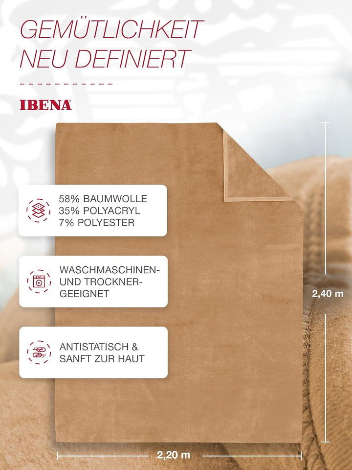 Ibena Porto XXL Decke 220x240 cm – Baumwollmischung weich, warm &amp; waschbar, Tagesdecke cognac einfar